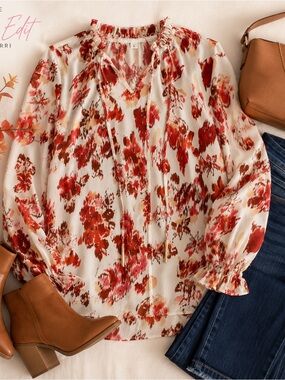 Floral Ruffle Neck Tie Blouse Size L Rust Red Boho Long Sleeve